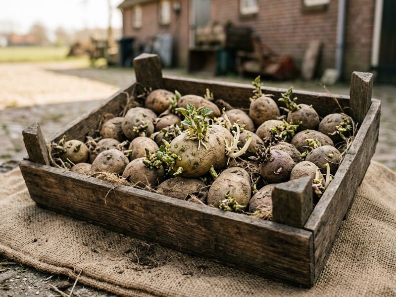 Pootaardappelen met kiemen klaar voor planting in een houten kist